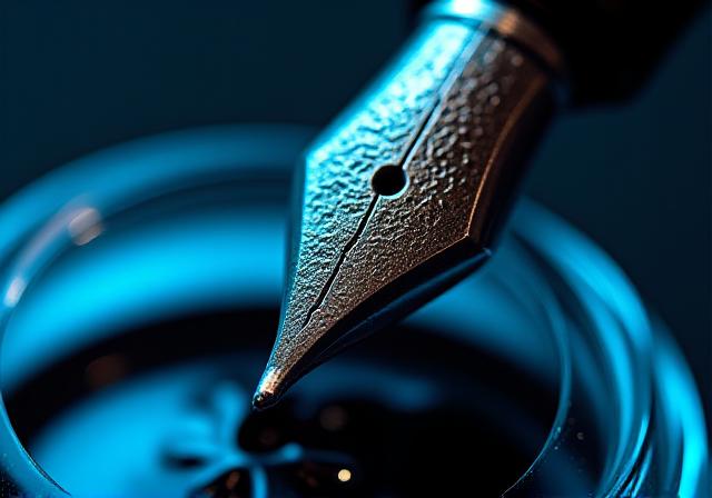 Close up of professional calligraphy nib and ink on parchment